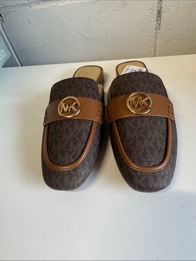 Michael Kors Brown Logo-Print Slip-On Loafers with Gold MK Emblem